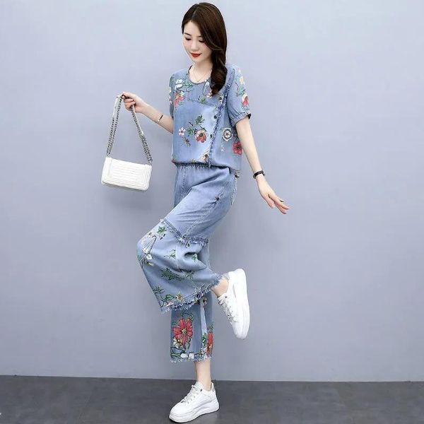 pants fashion splicing denim suit women's thin 2022 summer new fashion casual pants printing wideleg pants 2piece set women elegant, White
pants fashion splicing denim suit women's thin 2022 summer new fashion casual pants printing wideleg pants 2piece set women elegant, White