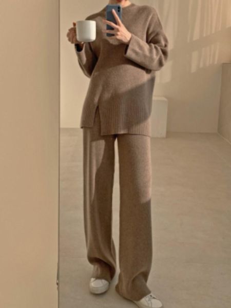 pants 2 pieces set women knitted tracksuit casual sweater + wideleg straight pants suit solid femme fashion ribbed outwear cloth, White
pants 2 pieces set women knitted tracksuit casual sweater + wideleg straight pants suit solid femme fashion ribbed outwear cloth, White