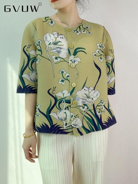 shirts gvuw 2022 autumn pleated floral print shirt women three quarter sleeve oneck single breasted female elegant fashion 17d1644, White