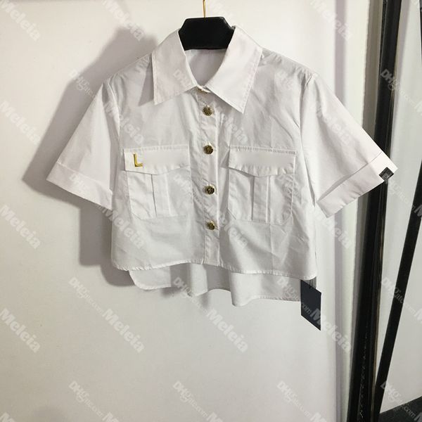 letter embroidery women shirts white short sleeve blouses lapel neck designer with gold button
letter embroidery women shirts white short sleeve blouses lapel neck designer with gold button