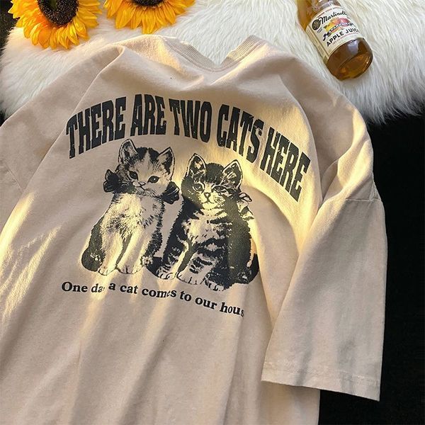women's t shirt summer japanese small fresh short sleeved t shirt men and women couple brand retro cartoon cat printing half sleeve 23, White
women's t shirt summer japanese small fresh short sleeved t shirt men and women couple brand retro cartoon cat printing half sleeve 23, White