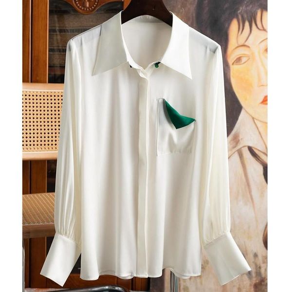 shirts imitation silk shirt women's contrast color pocket blouse womens camisas, White
shirts imitation silk shirt women's contrast color pocket blouse womens camisas, White