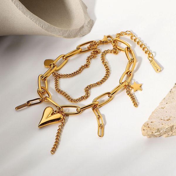 vintage 18k gold plated bracelets stainless steel heart star pendant double layer charms bracelet, Golden;silver
vintage 18k gold plated bracelets stainless steel heart star pendant double layer charms bracelet, Golden;silver