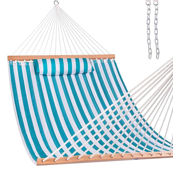 12 ft quilted fabric double hammock with spreader bars and detachable pillow, 2 person camp hammock for outdoor patio backyard poolside sail
12 ft quilted fabric double hammock with spreader bars and detachable pillow, 2 person camp hammock for outdoor patio backyard poolside sail