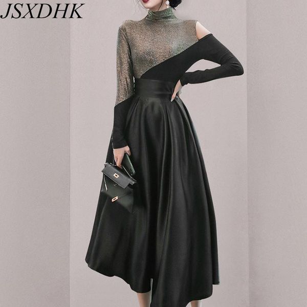 dress fashion autumn 2 piece set 2021 new women off shoulder knitted patchwork sweater + high waist long ball gown skirts suit, White 
dress fashion autumn 2 piece set 2021 new women off shoulder knitted patchwork sweater + high waist long ball gown skirts suit, White