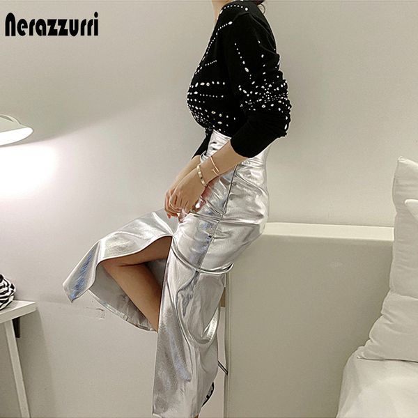 skirts nerazzurri black reflective patent leather skirt with slit high waist silver midi skirt for women long skirts for women 230419
skirts nerazzurri black reflective patent leather skirt with slit high waist silver midi skirt for women long skirts for women 230419