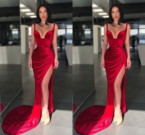 red mermaid prom dresses for women spaghetti velvet satin high side split pleats draped special occasion formal evening party pageant gowns, Black
red mermaid prom dresses for women spaghetti velvet satin high side split pleats draped special occasion formal evening party pageant gowns, Black