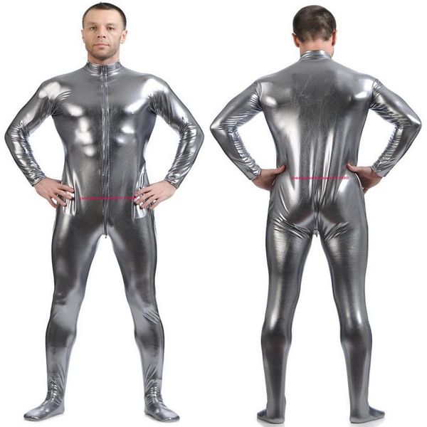 

men's body suit costumes front long zipper silver grey shiny lycra metallic men catsuit costume outfit no head hand halloween273s, Black