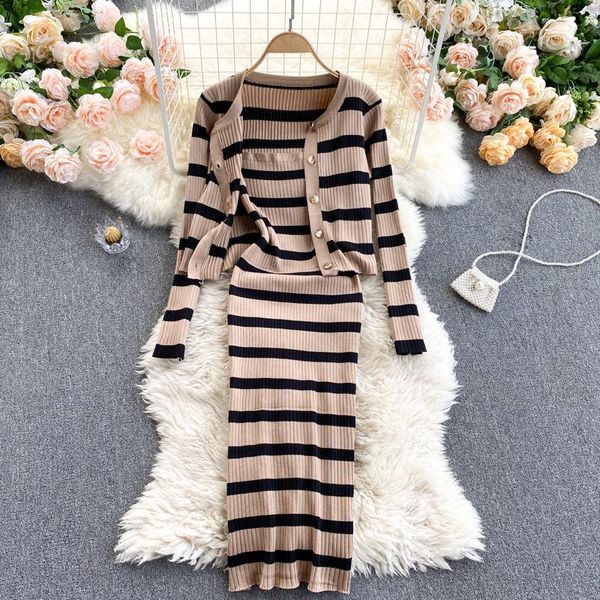 dress korean style fall new knitted striped long sleeve cardigan crop and slim spaghetti strap dress suits two piece sweater sets, White
dress korean style fall new knitted striped long sleeve cardigan crop and slim spaghetti strap dress suits two piece sweater sets, White