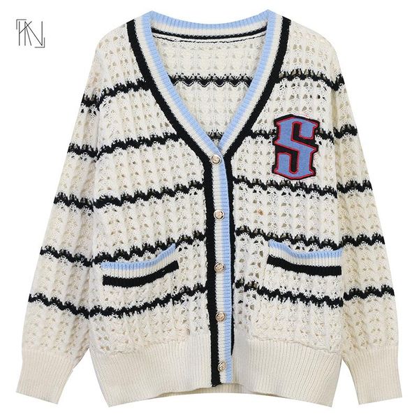 sweaters hollow longsleeved knitted cardigan 2022 autumn new women french striped letters jacquard college style vneck loose jacket, White;black
sweaters hollow longsleeved knitted cardigan 2022 autumn new women french striped letters jacquard college style vneck loose jacket, White;black