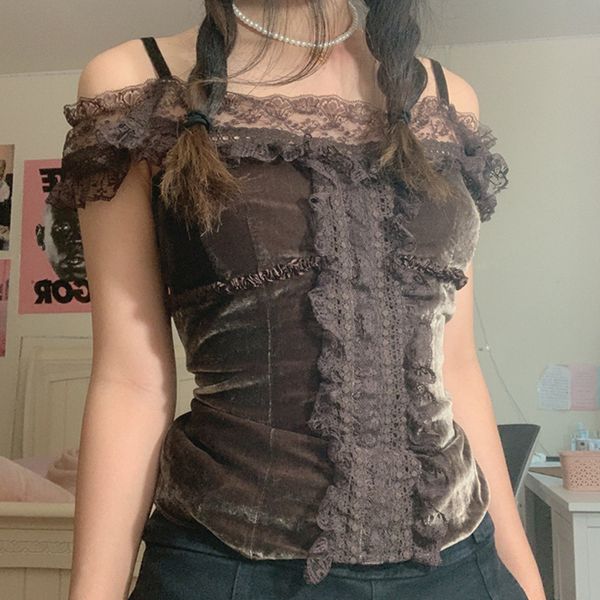 women's t-shirt women fairycore grunge t-shirt vintage brown ruffles lace crop off shoulder pullovers tees y2k aesthetic retro clothes, White
women's t-shirt women fairycore grunge t-shirt vintage brown ruffles lace crop off shoulder pullovers tees y2k aesthetic retro clothes, White