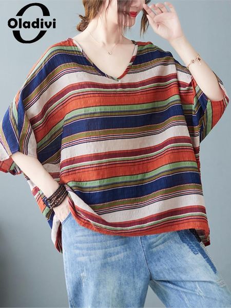 t-shirt oladivi oversized batwing sleeves fashion striped cotton linen dress vintage women large size shirts casual loose clothing 9127, White
t-shirt oladivi oversized batwing sleeves fashion striped cotton linen dress vintage women large size shirts casual loose clothing 9127, White