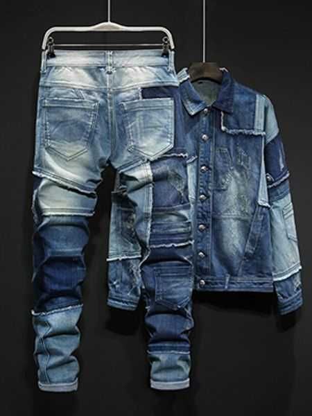 2022 tracksuits personality blue men's sets mixed colors spliced loose denim two piece set long sleeve single breasted jackets and full, Gray
2022 tracksuits personality blue men's sets mixed colors spliced loose denim two piece set long sleeve single breasted jackets and full, Gray