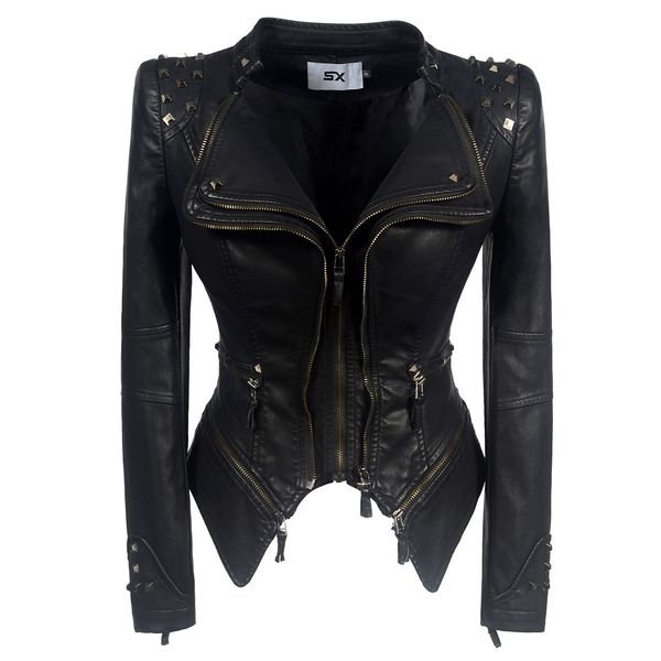 women's leather faux pu rivet jackets steampunk streetwear chic slim short locomotive coat female outerwear chaqueta mujer 230418, Black
women's leather faux pu rivet jackets steampunk streetwear chic slim short locomotive coat female outerwear chaqueta mujer 230418, Black