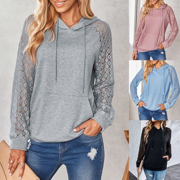 2023 autumn/winter new women's fashion casual lace panel hooded pullover sweater, Black
2023 autumn/winter new women's fashion casual lace panel hooded pullover sweater, Black