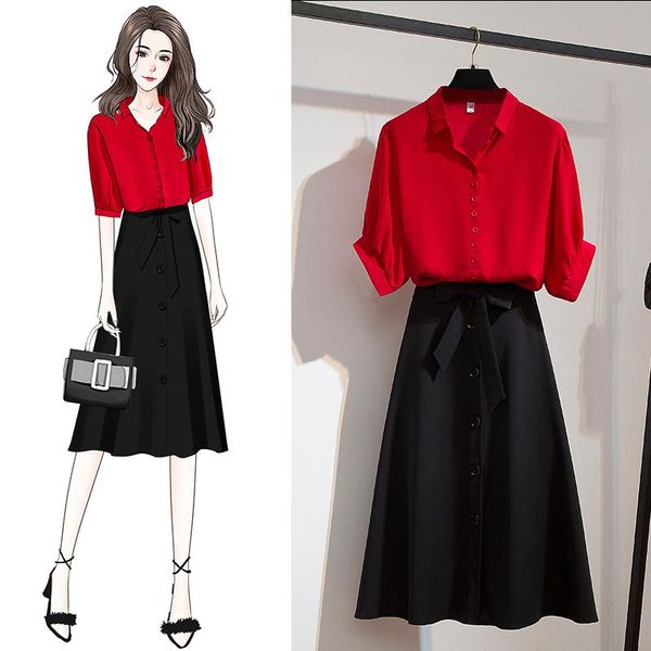 dress summer suit skirt women's new fashion large size bat sleeve casual shirt high waist midlength tie aline skirt twopiece set, White
dress summer suit skirt women's new fashion large size bat sleeve casual shirt high waist midlength tie aline skirt twopiece set, White