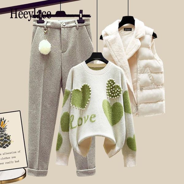 pants autumn winter new warm sweater 3 piece set women korean fashion sweet heartshaped beaded sweater +lamb wool vest +pants suits, White
pants autumn winter new warm sweater 3 piece set women korean fashion sweet heartshaped beaded sweater +lamb wool vest +pants suits, White