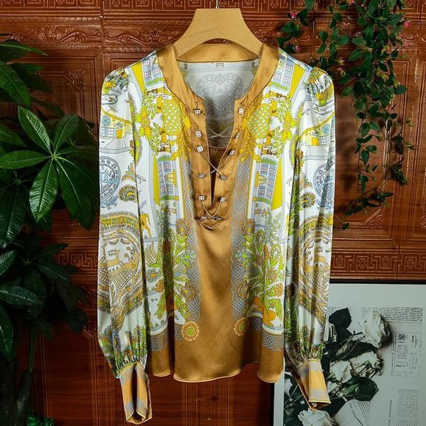 shirts imitation silk french chain button v neck print shirt women's blouse camisas shirts, White
shirts imitation silk french chain button v neck print shirt women's blouse camisas shirts, White