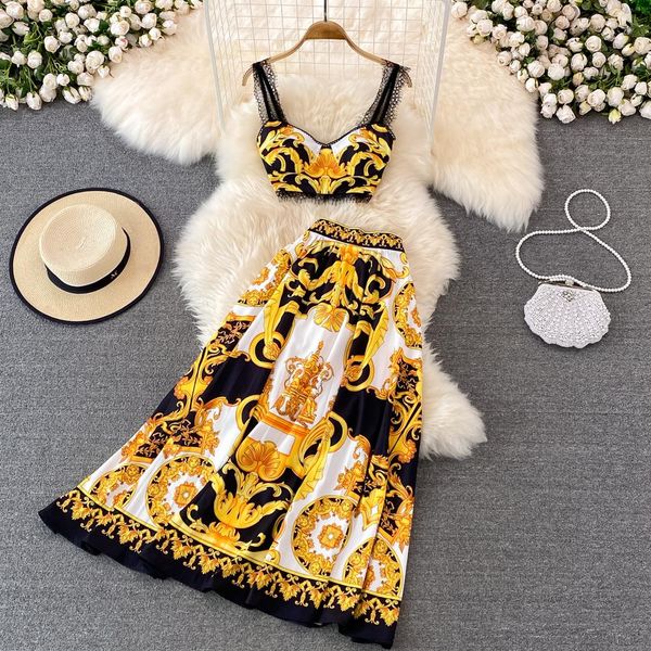 dress high street 2022 designer runway suit set lace splicing camis printed pleated skirt set, White
dress high street 2022 designer runway suit set lace splicing camis printed pleated skirt set, White