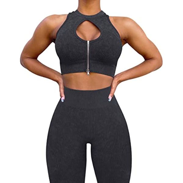 seamless ribbed acid wash yoga outfits leggings and keyhole zip crop bra gym clothes-womens workout sets 2 piece