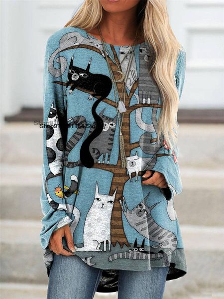 t-shirt cartoon cats on the tree print tshirt long sleeve women plus size casual round beck loose femme commuting clothes, White
t-shirt cartoon cats on the tree print tshirt long sleeve women plus size casual round beck loose femme commuting clothes, White