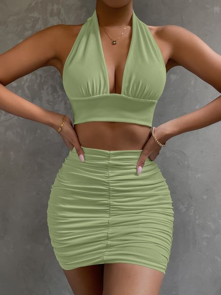 casual dresses ruched white backless 2 pieces skirts halter neck deep vneck open back sleeveless dress bodycon women party tight short dress, Black;gray
casual dresses ruched white backless 2 pieces skirts halter neck deep vneck open back sleeveless dress bodycon women party tight short dress, Black;gray