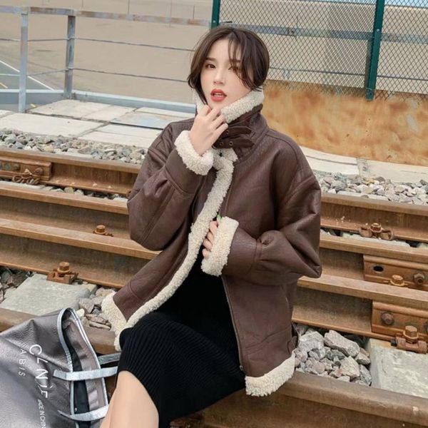 women's leather faux winter imitation lamb wool jacket women autumn and stitching cashmere motorcycle j0258 230418, Black
women's leather faux winter imitation lamb wool jacket women autumn and stitching cashmere motorcycle j0258 230418, Black