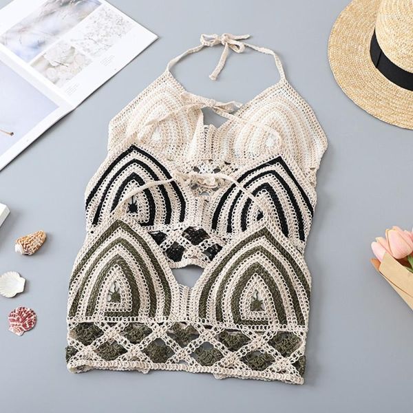 women's tanks women summer hollow crochet halter bikini bras knit colorblock striped camisole holiday vacation bustier with chest pads, White
women's tanks women summer hollow crochet halter bikini bras knit colorblock striped camisole holiday vacation bustier with chest pads, White