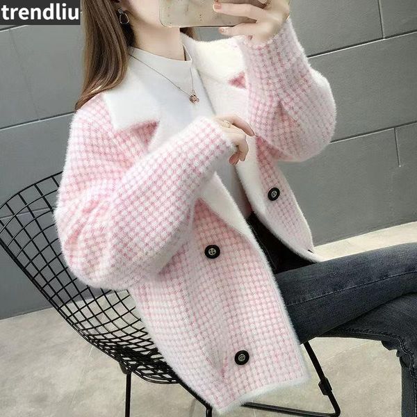 sweaters korean fashion pink plaid jacket women fall long sleeve soft mink cashmere coats stylish turndown collar short sweater cardigan, White;black
sweaters korean fashion pink plaid jacket women fall long sleeve soft mink cashmere coats stylish turndown collar short sweater cardigan, White;black