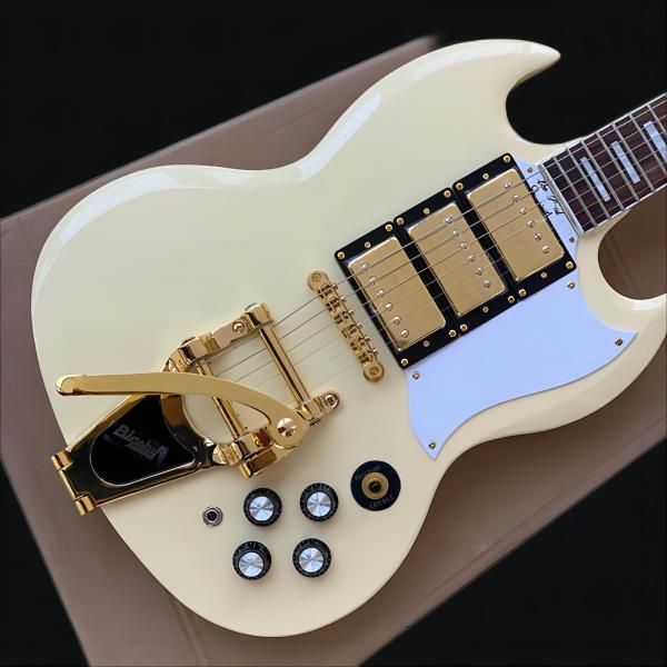 1963 sg custom classic white electric guitar long version maestro vibrola tremolo tailpiece & harpe logo, 3 humbucker pickup, gold hardware2
1963 sg custom classic white electric guitar long version maestro vibrola tremolo tailpiece & harpe logo, 3 humbucker pickup, gold hardware2