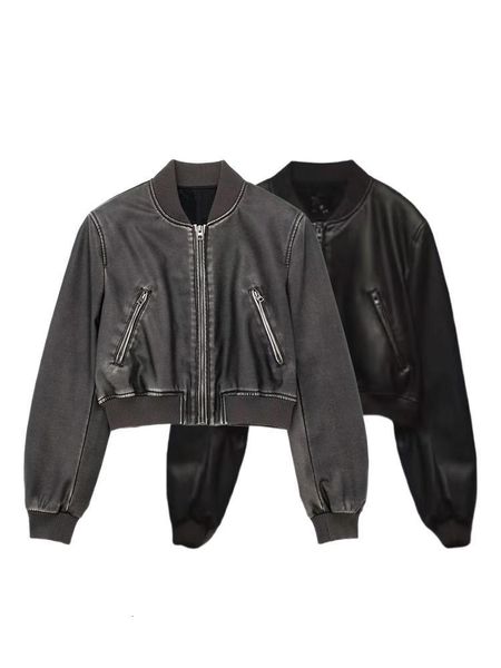 women's leather faux 2023 washed loose jacket bomber motorcycle style vintage gradient zipper short 230418, Black
women's leather faux 2023 washed loose jacket bomber motorcycle style vintage gradient zipper short 230418, Black