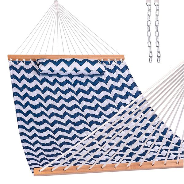 12 ft double quilted fabric hammock with spreader bars and detachable pillow, 2 person camp hammock for outdoor patio backyard poolside
12 ft double quilted fabric hammock with spreader bars and detachable pillow, 2 person camp hammock for outdoor patio backyard poolside