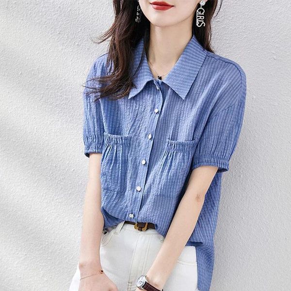 shirts summer elegant women's clothing korean plaid short sleeve shirt fashion folds pocket casual allmatch turndown collar blouses, White
shirts summer elegant women's clothing korean plaid short sleeve shirt fashion folds pocket casual allmatch turndown collar blouses, White