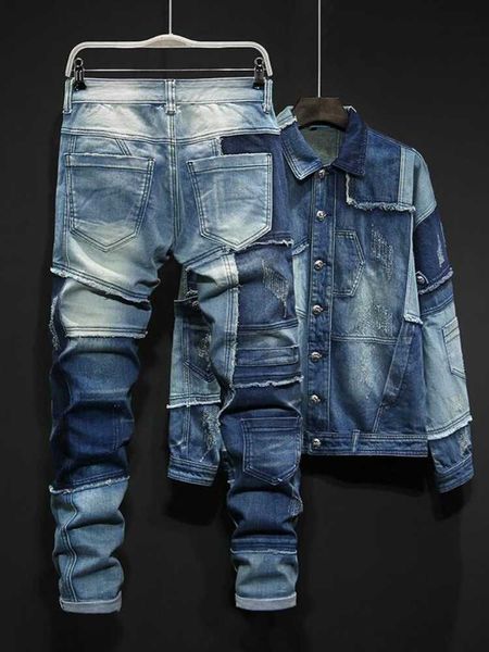 2022 tracksuits personality blue men's sets mixed colors spliced loose denim two piece set long sleeve single breasted jackets and full, Gray
2022 tracksuits personality blue men's sets mixed colors spliced loose denim two piece set long sleeve single breasted jackets and full, Gray