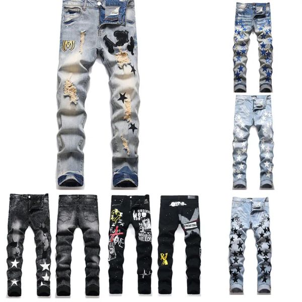 

designer mens jeans high street america jeans for men embroidery pants oversize ripped patch hole denim 2023 new fashion streetwear skinny s, Blue