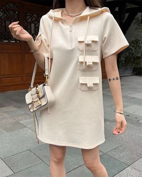 short sleeve dresses casual designer hooded dress new with pockets high-end slimming space cotton straight skirt, Black;gray
short sleeve dresses casual designer hooded dress new with pockets high-end slimming space cotton straight skirt, Black;gray