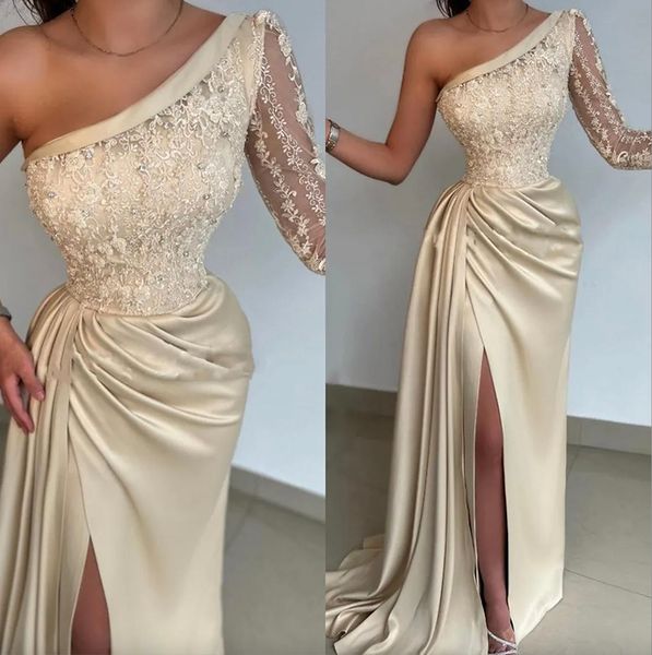 elegant one shoulder satin evening dresses long sleeve lace applique beaded ruched split prom formal party second reception gowns dress, Black;red
elegant one shoulder satin evening dresses long sleeve lace applique beaded ruched split prom formal party second reception gowns dress, Black;red