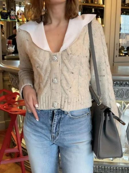 sweaters 2022 spring new navy collar wool blended sweet diamond button women knitted cardigan, White;black
sweaters 2022 spring new navy collar wool blended sweet diamond button women knitted cardigan, White;black