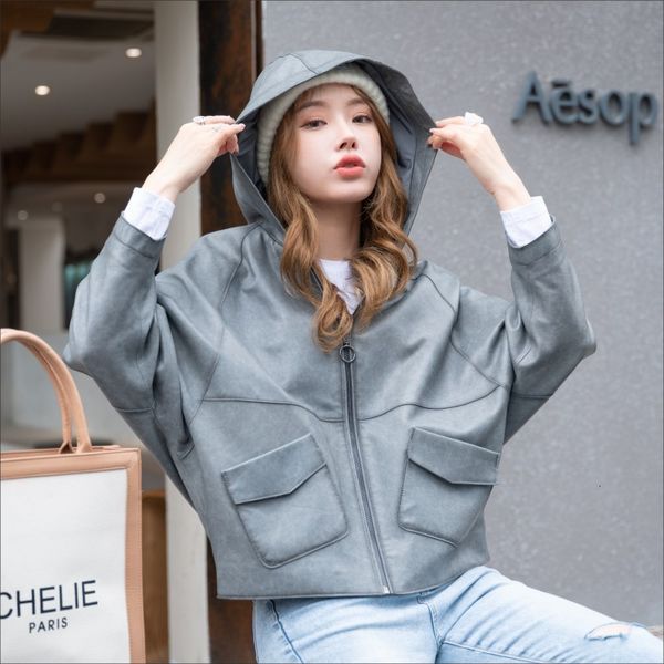 women's leather faux coat spring and autumn hooded loose cape genuine female casual sheepskin outerwear 230418, Black
women's leather faux coat spring and autumn hooded loose cape genuine female casual sheepskin outerwear 230418, Black