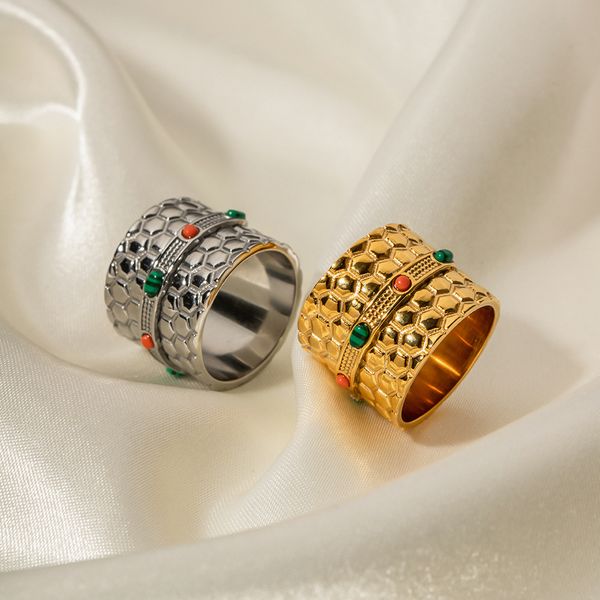 green malachite stone honeycomb pattern wide band rings 18k gold jewelry for women, Silver
green malachite stone honeycomb pattern wide band rings 18k gold jewelry for women, Silver