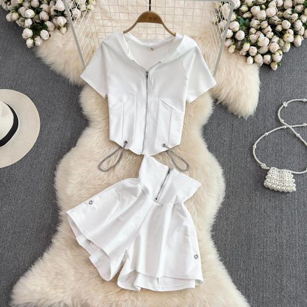 dress fashion female outfits solid short sleeve zipper hooded collar cardigan + casual high waist wide leg shorts two piece set, White
dress fashion female outfits solid short sleeve zipper hooded collar cardigan + casual high waist wide leg shorts two piece set, White