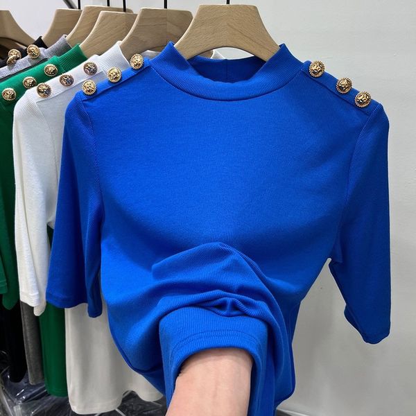 women's t shirt fashion t shirt green blue summer button o neck t shirts korean style temperament slim fit short sleeve 230419, White
women's t shirt fashion t shirt green blue summer button o neck t shirts korean style temperament slim fit short sleeve 230419, White
