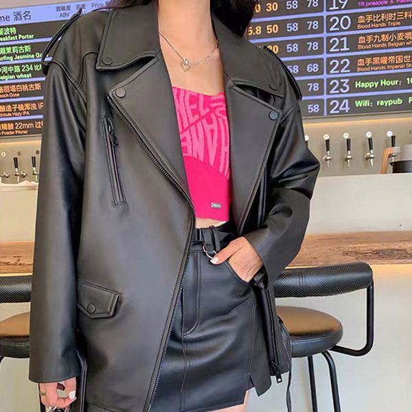 women's leather faux 2023 loose style genuine jacket autumn spring fashion real sheepskin coat tf5409 230418, Black
women's leather faux 2023 loose style genuine jacket autumn spring fashion real sheepskin coat tf5409 230418, Black