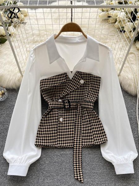 t-shirt singreiny rhombus plaid spliced women blouse long sleeve lapel v neck fashion sashes slim 2022 autumn streetwear short shirt top, White
t-shirt singreiny rhombus plaid spliced women blouse long sleeve lapel v neck fashion sashes slim 2022 autumn streetwear short shirt top, White