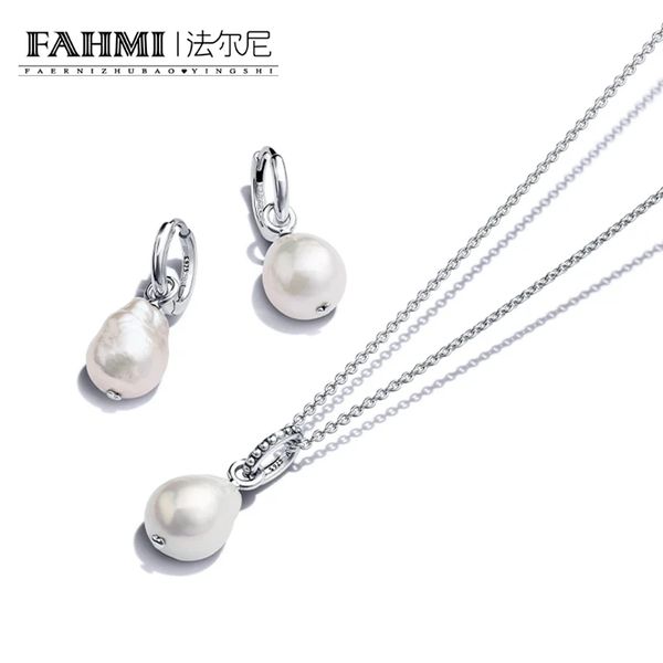 

fahmi 2023 natural fresh water p-style hoop earrings s925 sterling silver chain necklace jewelry set for woman wedding mother's day gif