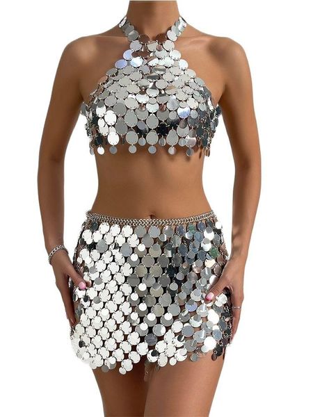 dress women hollow out shiny plastic sequins two piece sets backless halter crop split metal chain shiny mini skirts outfits, White
dress women hollow out shiny plastic sequins two piece sets backless halter crop split metal chain shiny mini skirts outfits, White