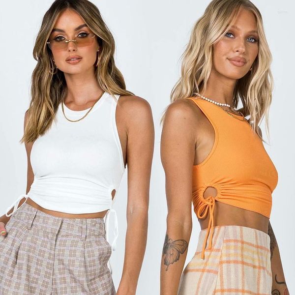 women's tanks women tank sleeveless o neck shirring elastic sheath camis female casual solid all-match short streetwear summer, White 
women's tanks women tank sleeveless o neck shirring elastic sheath camis female casual solid all-match short streetwear summer, White