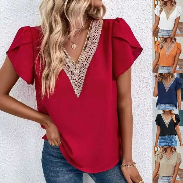 new 2023 summer fashion casual geometric v-neck petal sleeve short solid color top, White
new 2023 summer fashion casual geometric v-neck petal sleeve short solid color top, White