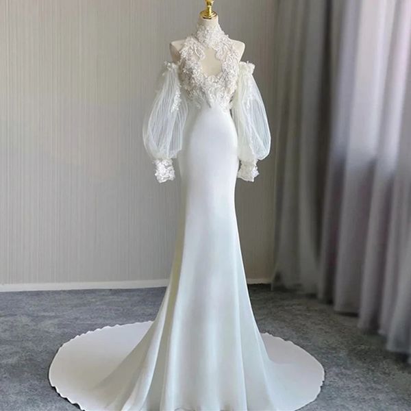 lace appliques mermaid wedding dress high neck sweep train custom made garden western country bridal wedding gowns, White
lace appliques mermaid wedding dress high neck sweep train custom made garden western country bridal wedding gowns, White