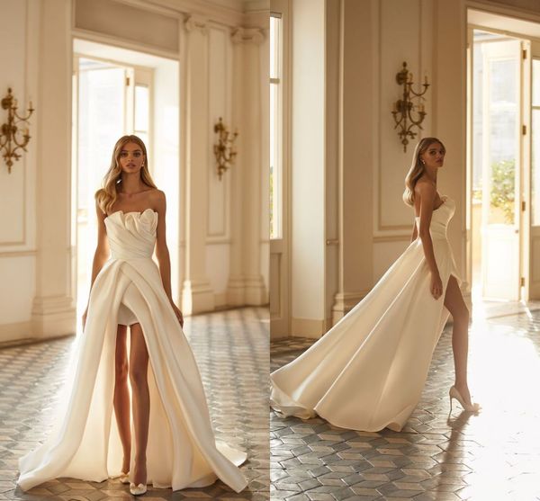 bohemian romantic a line wedding dresses strapless pleats draped hi-lo beach tiered satin second reception dresses bridal gowns custom mn016, White
bohemian romantic a line wedding dresses strapless pleats draped hi-lo beach tiered satin second reception dresses bridal gowns custom mn016, White